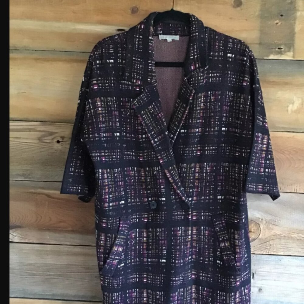 Joan Vass Studio sweater knit cardigan jacket shacket plaid large l long